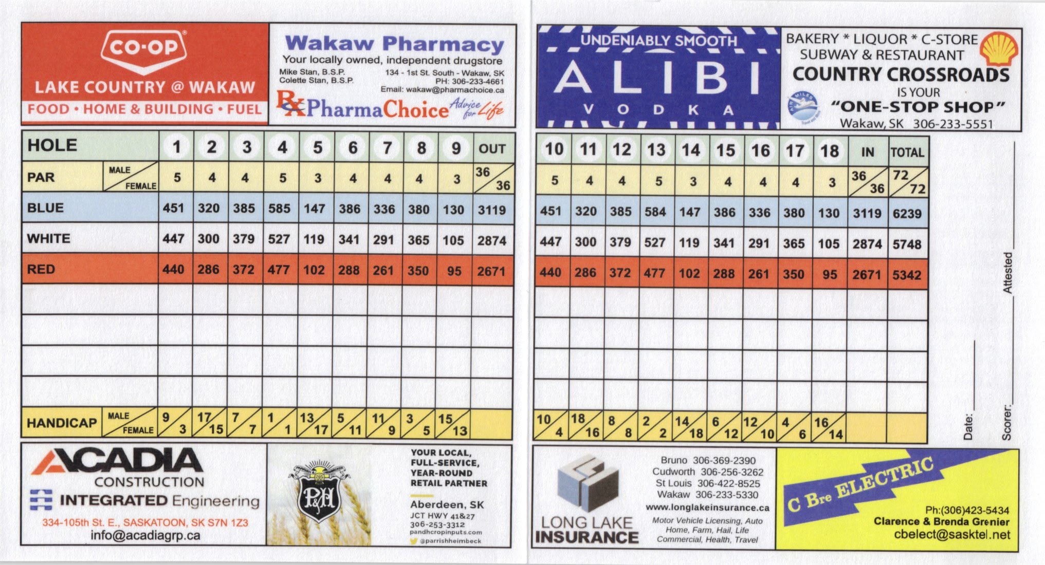 Wakaw Lake Golf Course Scorecard 2
